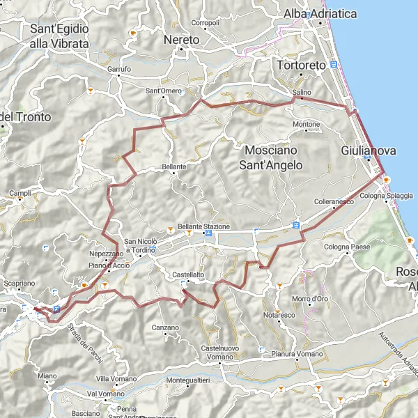 Miniature de la carte de l'inspiration cycliste "Les beautés cachées de Teramo en gravel" dans la Abruzzo, Italy. Générée par le planificateur d'itinéraire cycliste Tarmacs.app