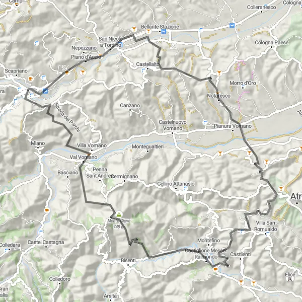 Map miniature of "Country Roads and Mountain Views" cycling inspiration in Abruzzo, Italy. Generated by Tarmacs.app cycling route planner