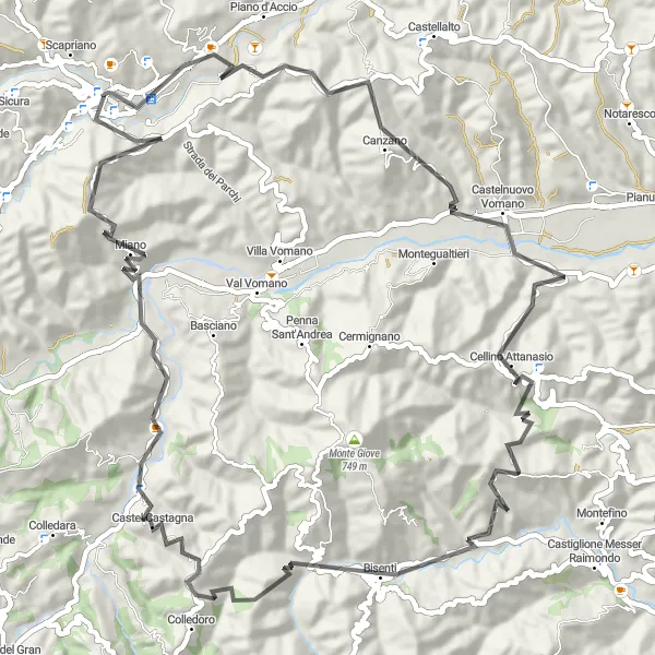 Miniature de la carte de l'inspiration cycliste "Les collines pittoresques de Teramo" dans la Abruzzo, Italy. Générée par le planificateur d'itinéraire cycliste Tarmacs.app