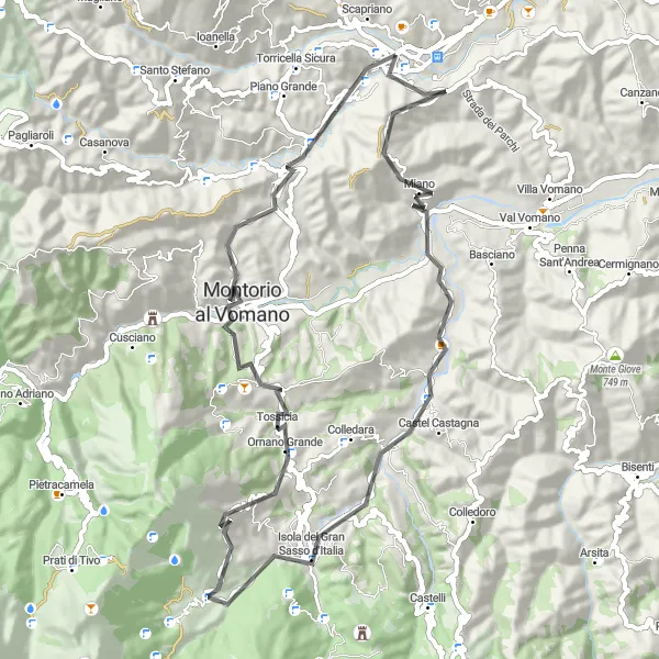 Miniatura della mappa di ispirazione al ciclismo "Ciclovia Teramana dei Borghi Antichi" nella regione di Abruzzo, Italy. Generata da Tarmacs.app, pianificatore di rotte ciclistiche