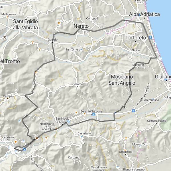 Miniature de la carte de l'inspiration cycliste "Châteaux et villages perchés" dans la Abruzzo, Italy. Générée par le planificateur d'itinéraire cycliste Tarmacs.app