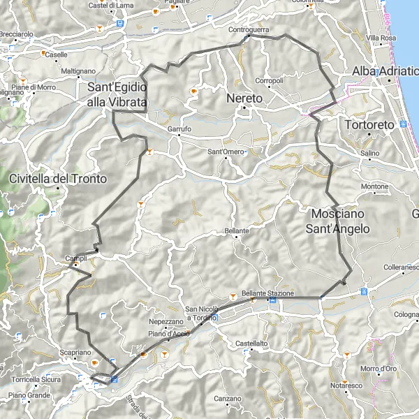 Map miniature of "Mountains and History" cycling inspiration in Abruzzo, Italy. Generated by Tarmacs.app cycling route planner