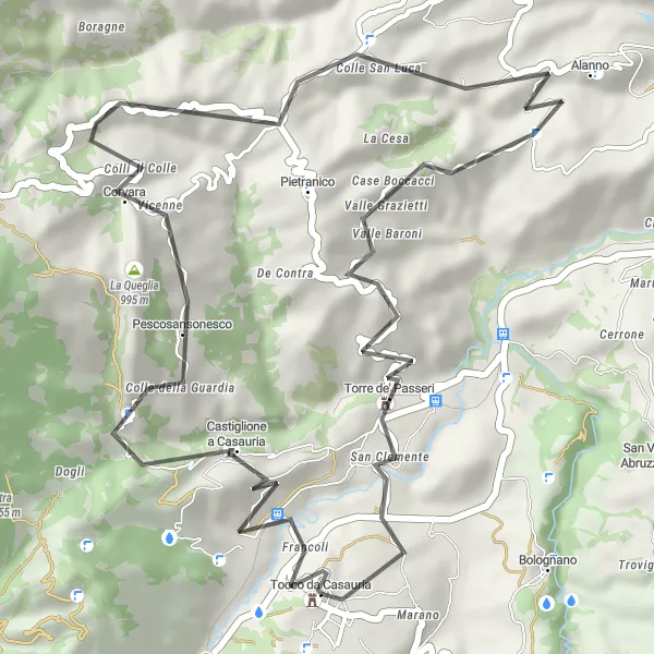 Miniature de la carte de l'inspiration cycliste "Parcours de cyclisme à Tocco da Casauria via La Valle, Pescosansonesco et Alanno" dans la Abruzzo, Italy. Générée par le planificateur d'itinéraire cycliste Tarmacs.app