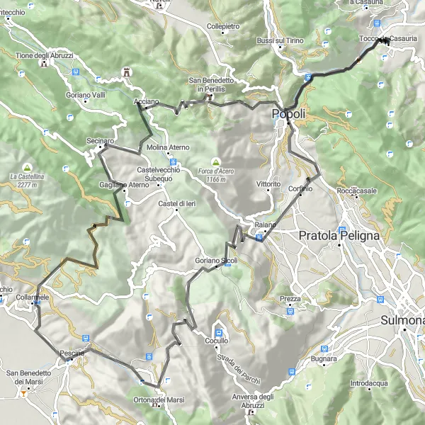 Miniatuurkaart van de fietsinspiratie "Uitdagende wegfietsroute met adembenemende uitzichten vanuit Tocco da Casauria" in Abruzzo, Italy. Gemaakt door de Tarmacs.app fietsrouteplanner