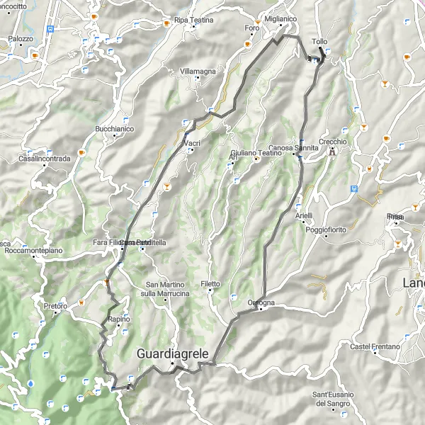 Map miniature of "The Majestic Mountain Ride" cycling inspiration in Abruzzo, Italy. Generated by Tarmacs.app cycling route planner