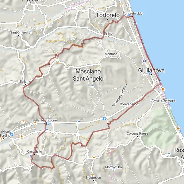 Miniature de la carte de l'inspiration cycliste "Parcours de gravier vers Tortoreto Lido" dans la Abruzzo, Italy. Générée par le planificateur d'itinéraire cycliste Tarmacs.app