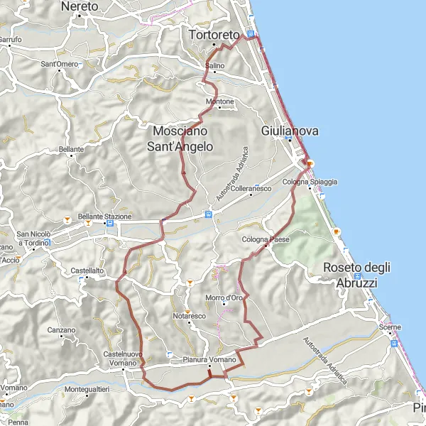 Miniature de la carte de l'inspiration cycliste "Tortoreto - Tortoreto Gravel Loop" dans la Abruzzo, Italy. Générée par le planificateur d'itinéraire cycliste Tarmacs.app