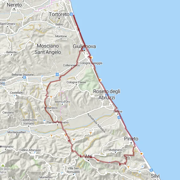 Map miniature of "Gravel Ride to Pineto and Atri" cycling inspiration in Abruzzo, Italy. Generated by Tarmacs.app cycling route planner
