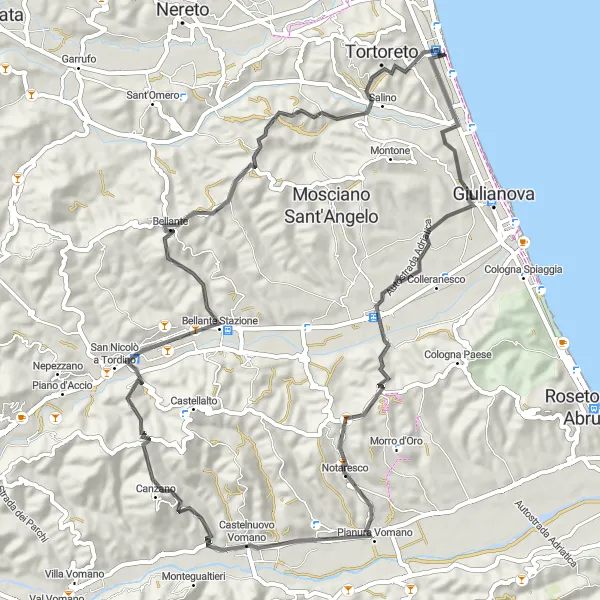 Map miniature of "Discover Torre del Salinello and Bellante" cycling inspiration in Abruzzo, Italy. Generated by Tarmacs.app cycling route planner