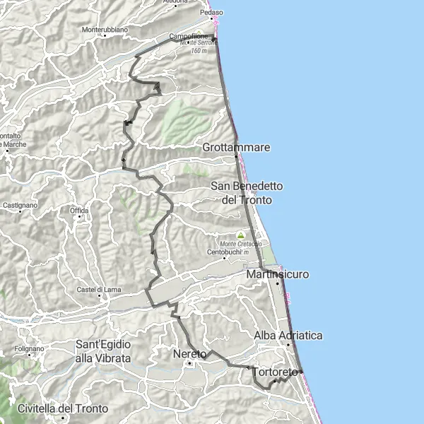Miniatura della mappa di ispirazione al ciclismo "Tortoreto Lido - Porto d'Ascoli Road Cycling Tour" nella regione di Abruzzo, Italy. Generata da Tarmacs.app, pianificatore di rotte ciclistiche