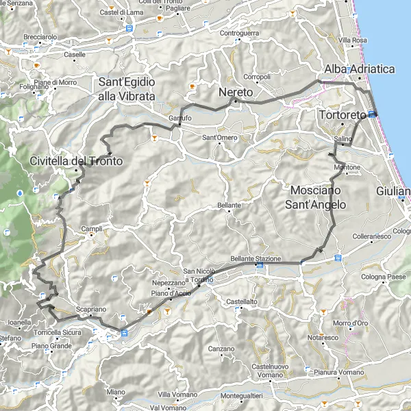 Miniatura della mappa di ispirazione al ciclismo "Tour in Bicicletta su Strada da Tortoreto Lido a Vibrata" nella regione di Abruzzo, Italy. Generata da Tarmacs.app, pianificatore di rotte ciclistiche