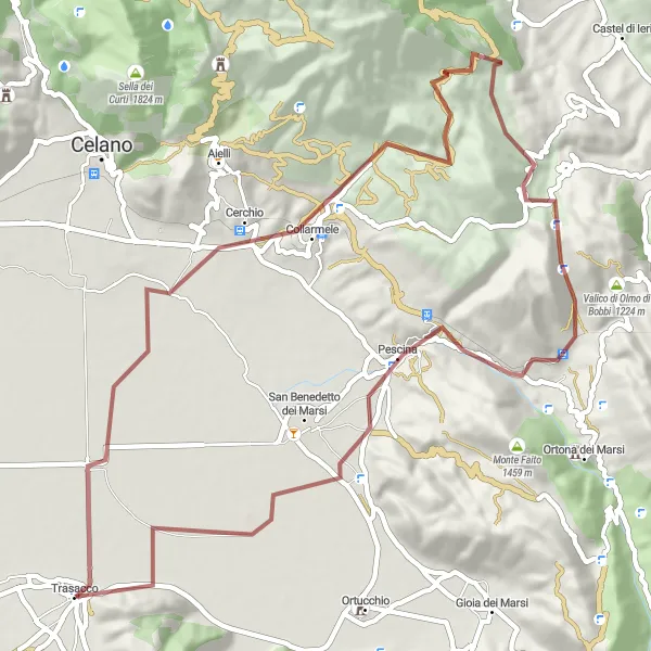 Miniatura della mappa di ispirazione al ciclismo "Tour in gravel da Trasacco a Pescina attraverso Cerchio e Monte della Selva" nella regione di Abruzzo, Italy. Generata da Tarmacs.app, pianificatore di rotte ciclistiche