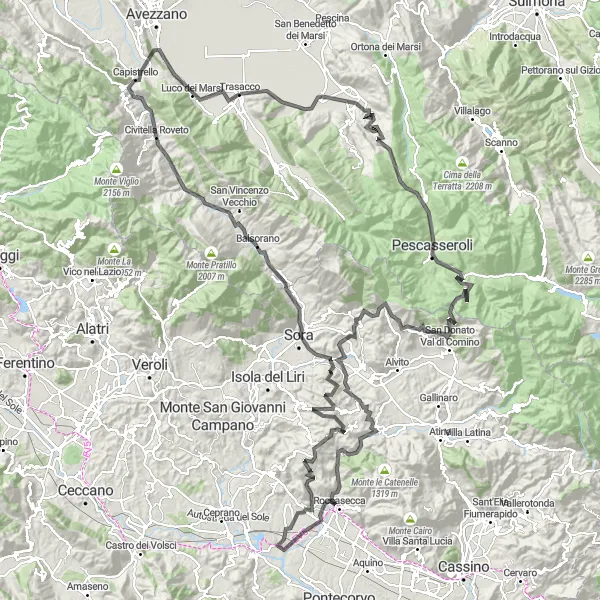 Miniatura della mappa di ispirazione al ciclismo "Esperienza straordinaria in bici da Trasacco a Luco dei Marsi attraverso Roccasecca e Sora" nella regione di Abruzzo, Italy. Generata da Tarmacs.app, pianificatore di rotte ciclistiche