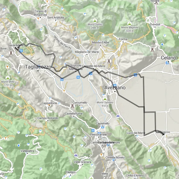 Map miniature of "Road Cycling Route - Trilogy of Velino" cycling inspiration in Abruzzo, Italy. Generated by Tarmacs.app cycling route planner