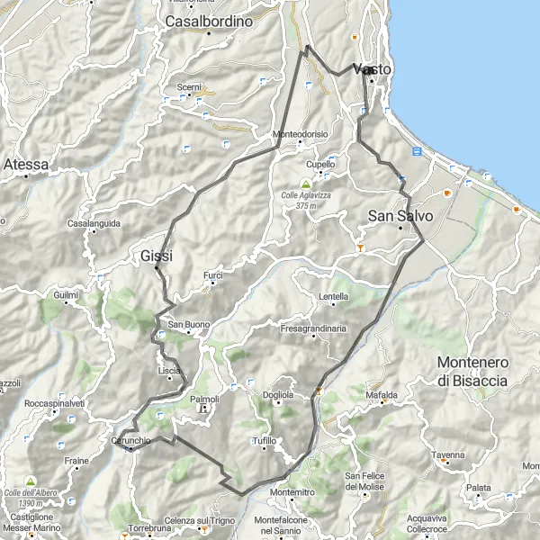 Map miniature of "Vasto Hill Climb Challenge" cycling inspiration in Abruzzo, Italy. Generated by Tarmacs.app cycling route planner