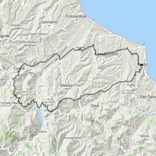 Karten-Miniaturansicht der Radinspiration "Epische Straßenroute von Vasto nach Belvedere di San Nicola della Meta" in Abruzzo, Italy. Erstellt vom Tarmacs.app-Routenplaner für Radtouren