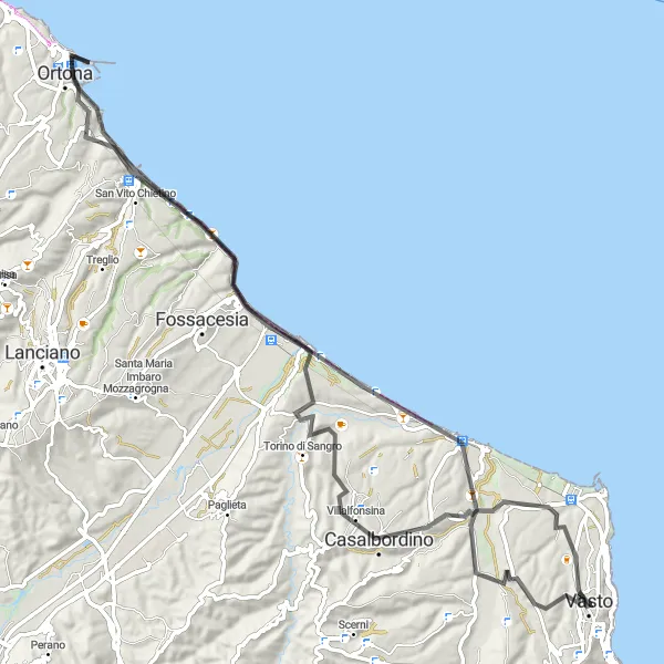 Map miniature of "Vasto Coastal Ride" cycling inspiration in Abruzzo, Italy. Generated by Tarmacs.app cycling route planner