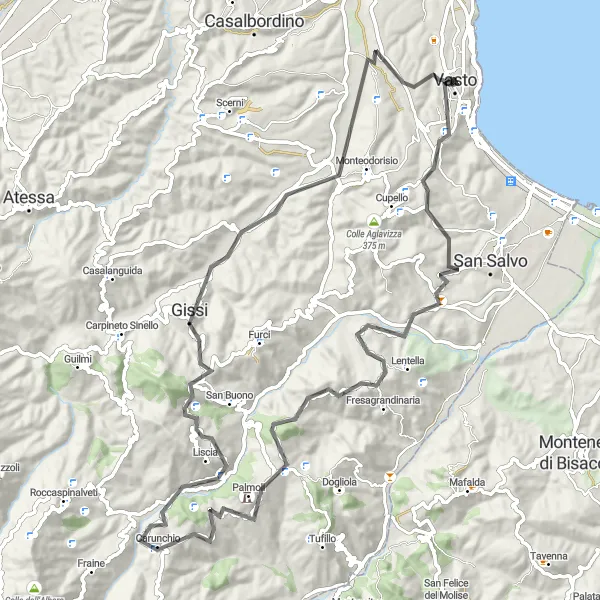 Map miniature of "Vasto - Belvedere San Michele - Colle Zingaro - Monte Freddo - Carunchio - Liscia - Gissi" cycling inspiration in Abruzzo, Italy. Generated by Tarmacs.app cycling route planner