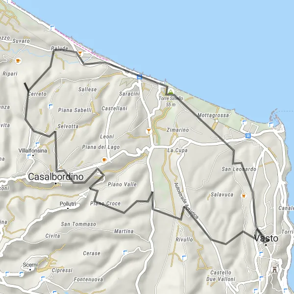 Miniatura della mappa di ispirazione al ciclismo "Pedalata rilassante lungo la costa abruzzese" nella regione di Abruzzo, Italy. Generata da Tarmacs.app, pianificatore di rotte ciclistiche