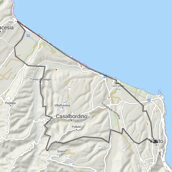 Miniatura della mappa di ispirazione al ciclismo "Alla scoperta delle coste abruzzesi in bici" nella regione di Abruzzo, Italy. Generata da Tarmacs.app, pianificatore di rotte ciclistiche