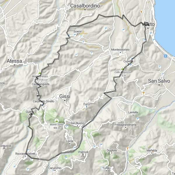 Karten-Miniaturansicht der Radinspiration "Herausfordernde Straßenroute von Vasto nach Belvedere di San Nicola della Meta" in Abruzzo, Italy. Erstellt vom Tarmacs.app-Routenplaner für Radtouren