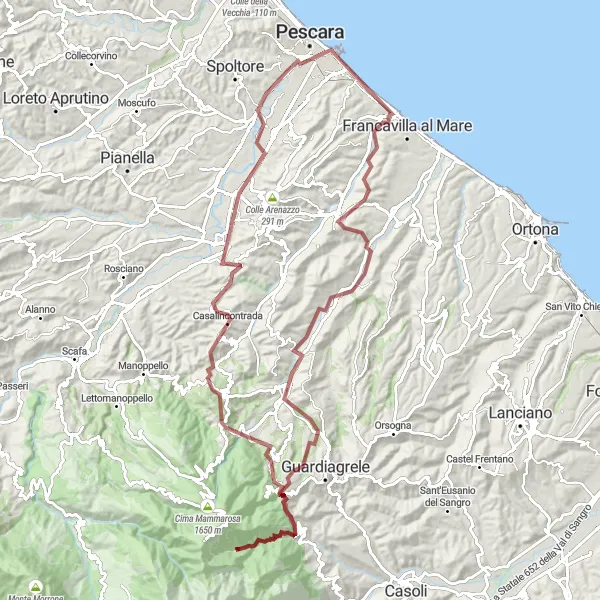 Map miniature of "Pescara Gravel Challenge" cycling inspiration in Abruzzo, Italy. Generated by Tarmacs.app cycling route planner