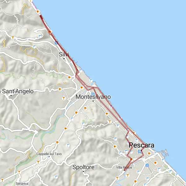 Miniature de la carte de l'inspiration cycliste "Tour côtier gravel" dans la Abruzzo, Italy. Générée par le planificateur d'itinéraire cycliste Tarmacs.app
