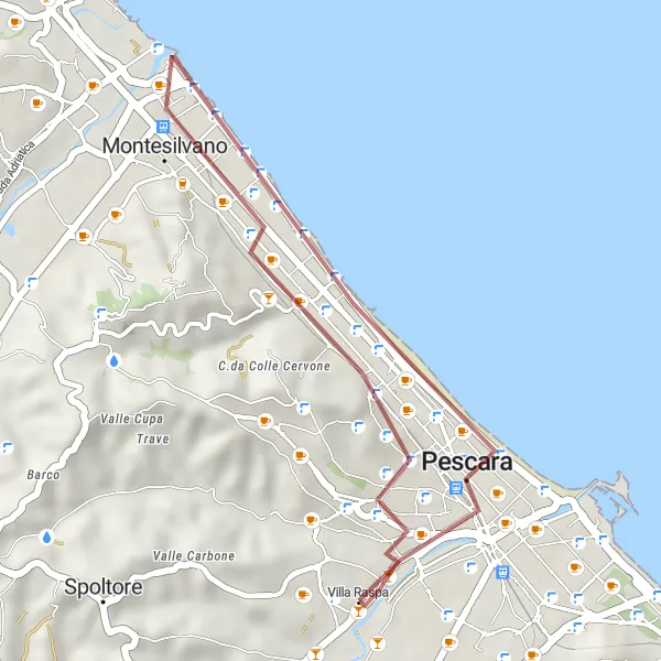 Karten-Miniaturansicht der Radinspiration "Kurzweilige Gravel-Tour von Pescara nach Casa natale Leopoldo Muzii" in Abruzzo, Italy. Erstellt vom Tarmacs.app-Routenplaner für Radtouren