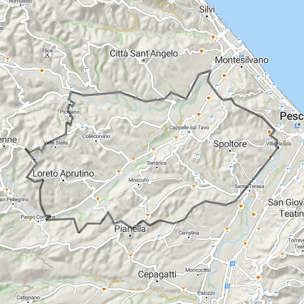 Miniature de la carte de l'inspiration cycliste "Les montagnes de Picciano" dans la Abruzzo, Italy. Générée par le planificateur d'itinéraire cycliste Tarmacs.app