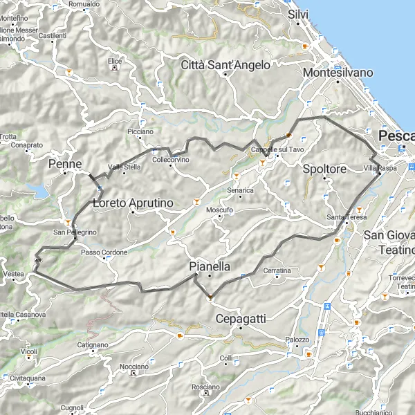 Miniature de la carte de l'inspiration cycliste "Les collines de Collecorvino" dans la Abruzzo, Italy. Générée par le planificateur d'itinéraire cycliste Tarmacs.app