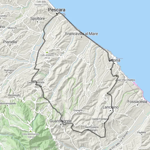Miniature de la carte de l'inspiration cycliste "Défi vallonné abruzzais" dans la Abruzzo, Italy. Générée par le planificateur d'itinéraire cycliste Tarmacs.app