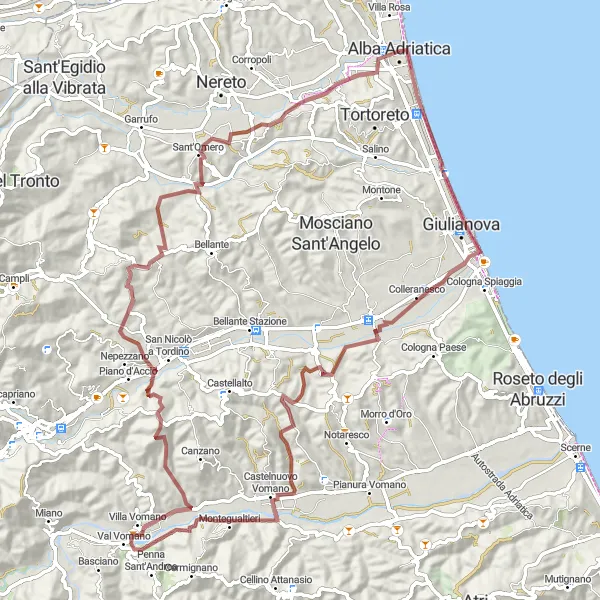 Miniatura mapy "Trasa Gravelowa Tortoreto Lido" - trasy rowerowej w Abruzzo, Italy. Wygenerowane przez planer tras rowerowych Tarmacs.app