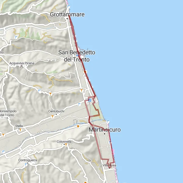 Miniatura della mappa di ispirazione al ciclismo "Giro in Gravel intorno a Villa Rosa" nella regione di Abruzzo, Italy. Generata da Tarmacs.app, pianificatore di rotte ciclistiche