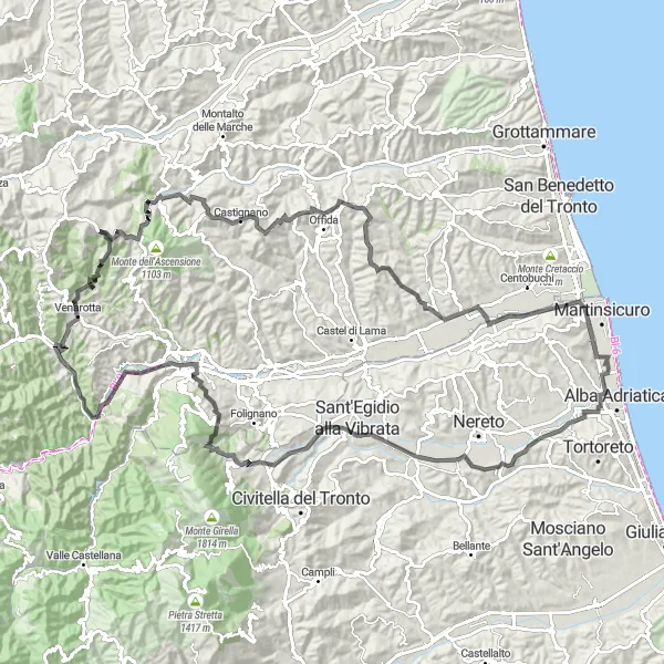 Miniatura della mappa di ispirazione al ciclismo "Alba Adriatica e Monte Vena Rossa" nella regione di Abruzzo, Italy. Generata da Tarmacs.app, pianificatore di rotte ciclistiche