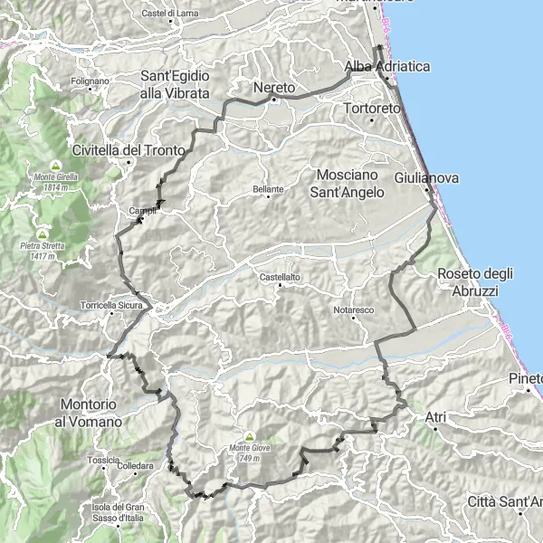 Miniatura della mappa di ispirazione al ciclismo "Giulianova e Campli in Road" nella regione di Abruzzo, Italy. Generata da Tarmacs.app, pianificatore di rotte ciclistiche