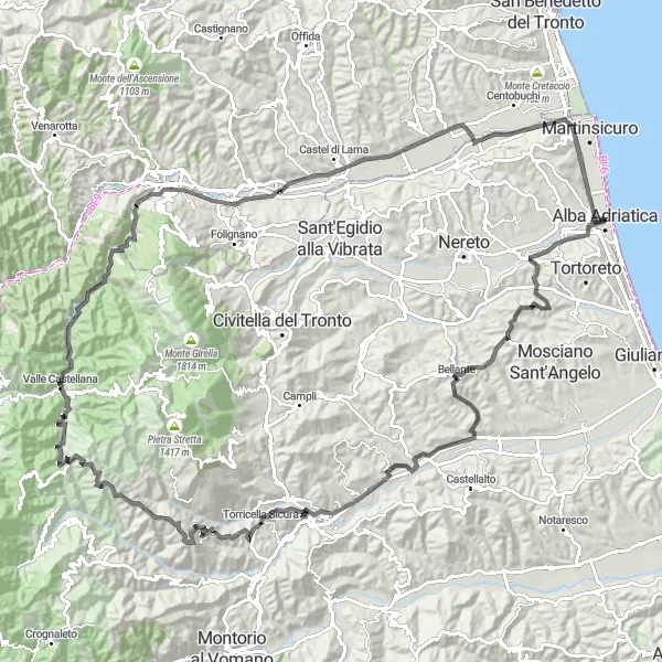 Miniatura della mappa di ispirazione al ciclismo "Giro delle Montagne Abruzzesi" nella regione di Abruzzo, Italy. Generata da Tarmacs.app, pianificatore di rotte ciclistiche