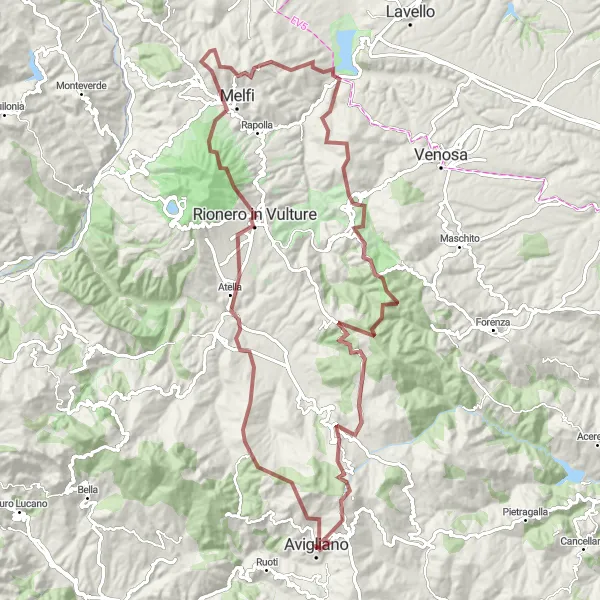 Miniatura della mappa di ispirazione al ciclismo "Esplorazione Gravel di Avigliano e del Monte Vulture" nella regione di Basilicata, Italy. Generata da Tarmacs.app, pianificatore di rotte ciclistiche