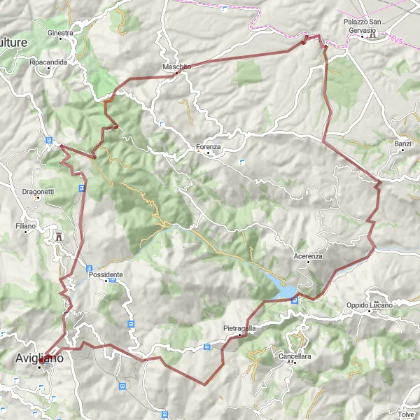 Miniatura della mappa di ispirazione al ciclismo "Avventura Gravel tra il Monte Carmine e Pietragalla" nella regione di Basilicata, Italy. Generata da Tarmacs.app, pianificatore di rotte ciclistiche