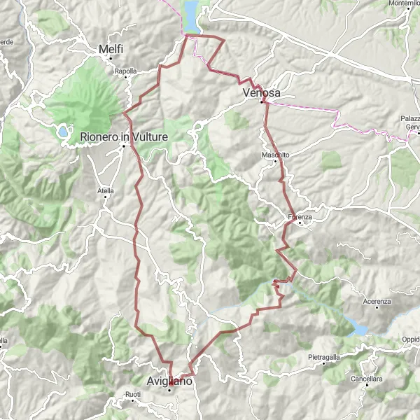 Miniatura della mappa di ispirazione al ciclismo "Percorso in bicicletta gravel da Avigliano a Monte Carmine" nella regione di Basilicata, Italy. Generata da Tarmacs.app, pianificatore di rotte ciclistiche