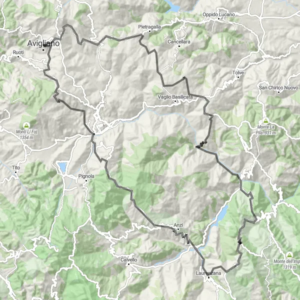 Map miniature of "The Mountain Loop" cycling inspiration in Basilicata, Italy. Generated by Tarmacs.app cycling route planner