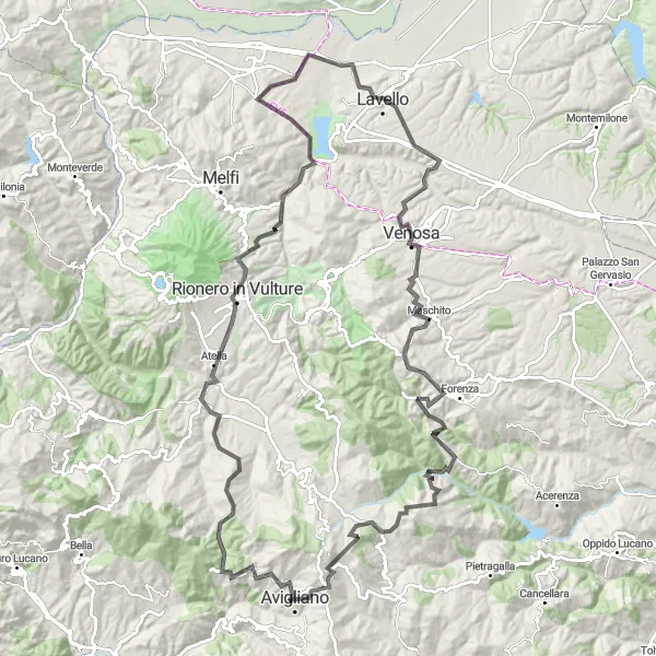 Map miniature of "The Countryside Circuit" cycling inspiration in Basilicata, Italy. Generated by Tarmacs.app cycling route planner