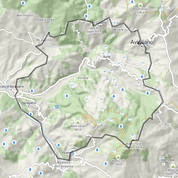 Miniatura della mappa di ispirazione al ciclismo "Giro in bici panoramico da Avigliano" nella regione di Basilicata, Italy. Generata da Tarmacs.app, pianificatore di rotte ciclistiche