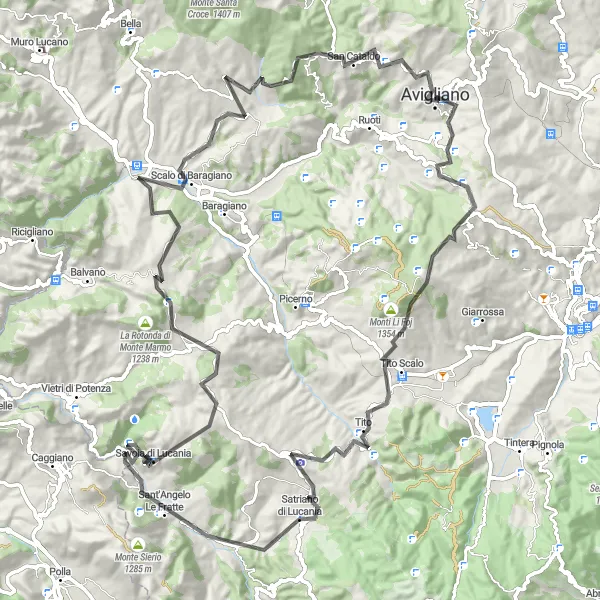 Map miniature of "Mountains and Valleys" cycling inspiration in Basilicata, Italy. Generated by Tarmacs.app cycling route planner