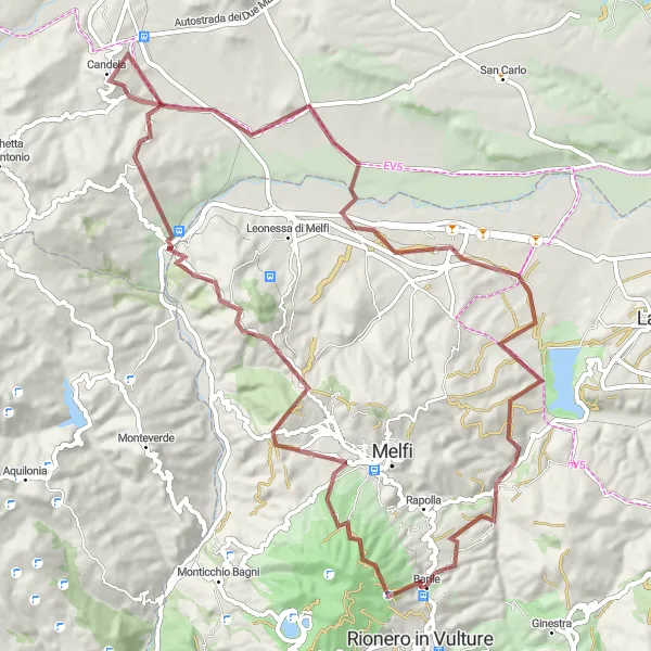 Map miniature of "Scenic Gravel Ride to Barile" cycling inspiration in Basilicata, Italy. Generated by Tarmacs.app cycling route planner