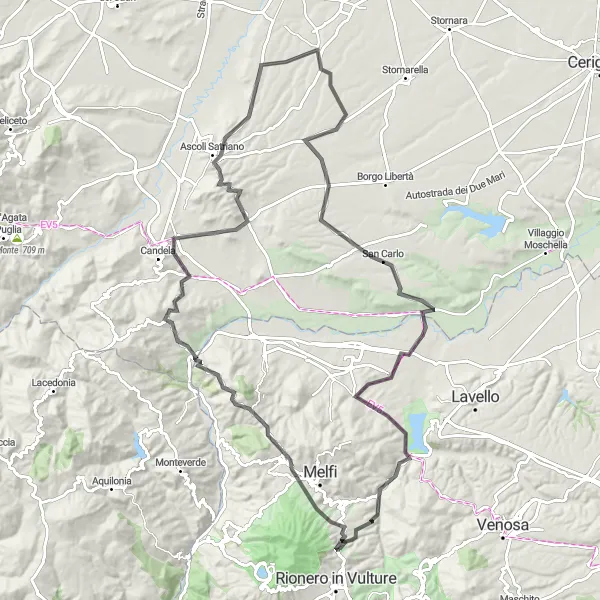Miniatura della mappa di ispirazione al ciclismo "Tour delle abitazioni rupestri" nella regione di Basilicata, Italy. Generata da Tarmacs.app, pianificatore di rotte ciclistiche
