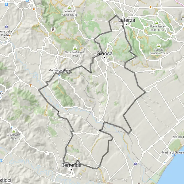 Map miniature of "Montescaglioso Loop via Ginosa" cycling inspiration in Basilicata, Italy. Generated by Tarmacs.app cycling route planner