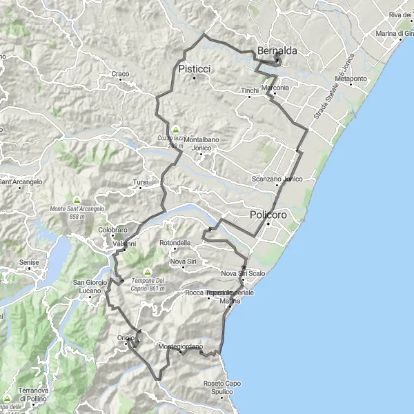 Map miniature of "Bernalda to Castello: Exploring the Historic Ruins" cycling inspiration in Basilicata, Italy. Generated by Tarmacs.app cycling route planner