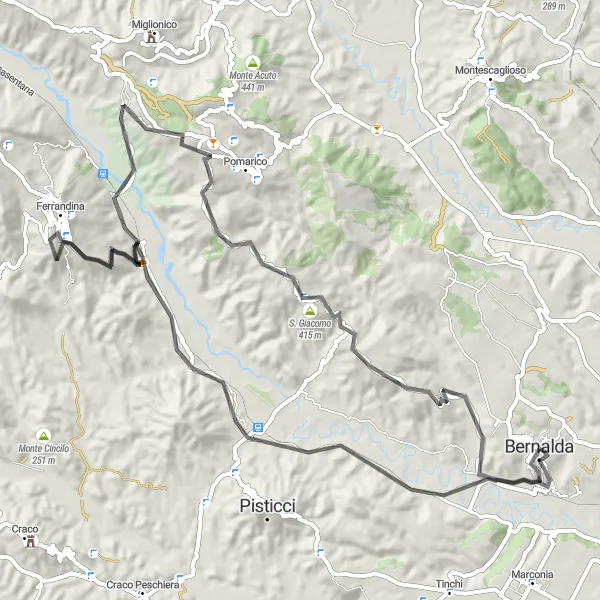 Map miniature of "Bernalda Loop: Historic Discoveries" cycling inspiration in Basilicata, Italy. Generated by Tarmacs.app cycling route planner