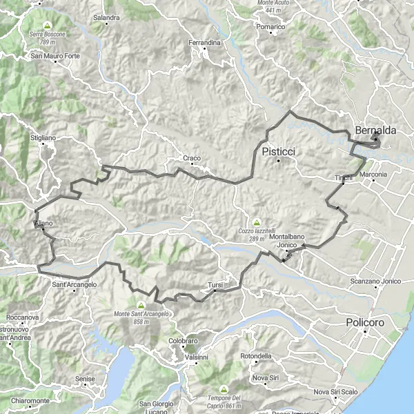 Map miniature of "Bernalda to Sassi: Exploring Ancient Landscapes" cycling inspiration in Basilicata, Italy. Generated by Tarmacs.app cycling route planner