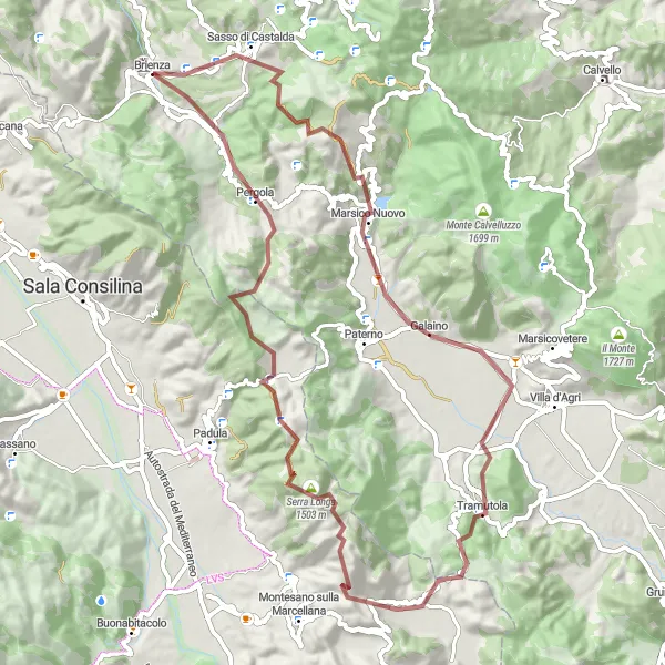 Map miniature of "Gravel Route from Brienza to Sasso di Castalda" cycling inspiration in Basilicata, Italy. Generated by Tarmacs.app cycling route planner